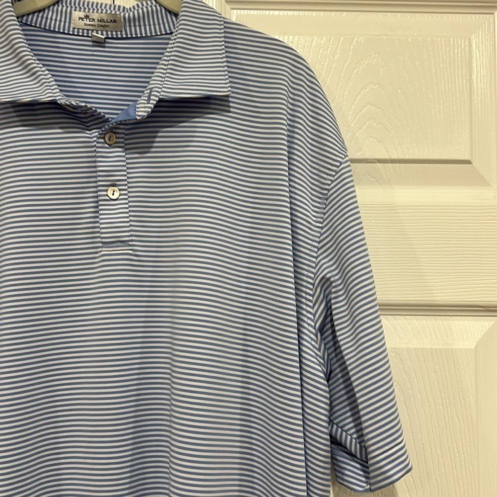 PETER MILLAR Summer Comfort Blue and White Striped Polo Mens Size XL - Picture 2 of 7